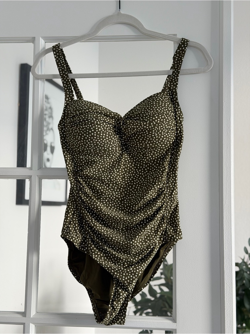 Olive Green Polka Dot Ruched One-Piece Swimsuit